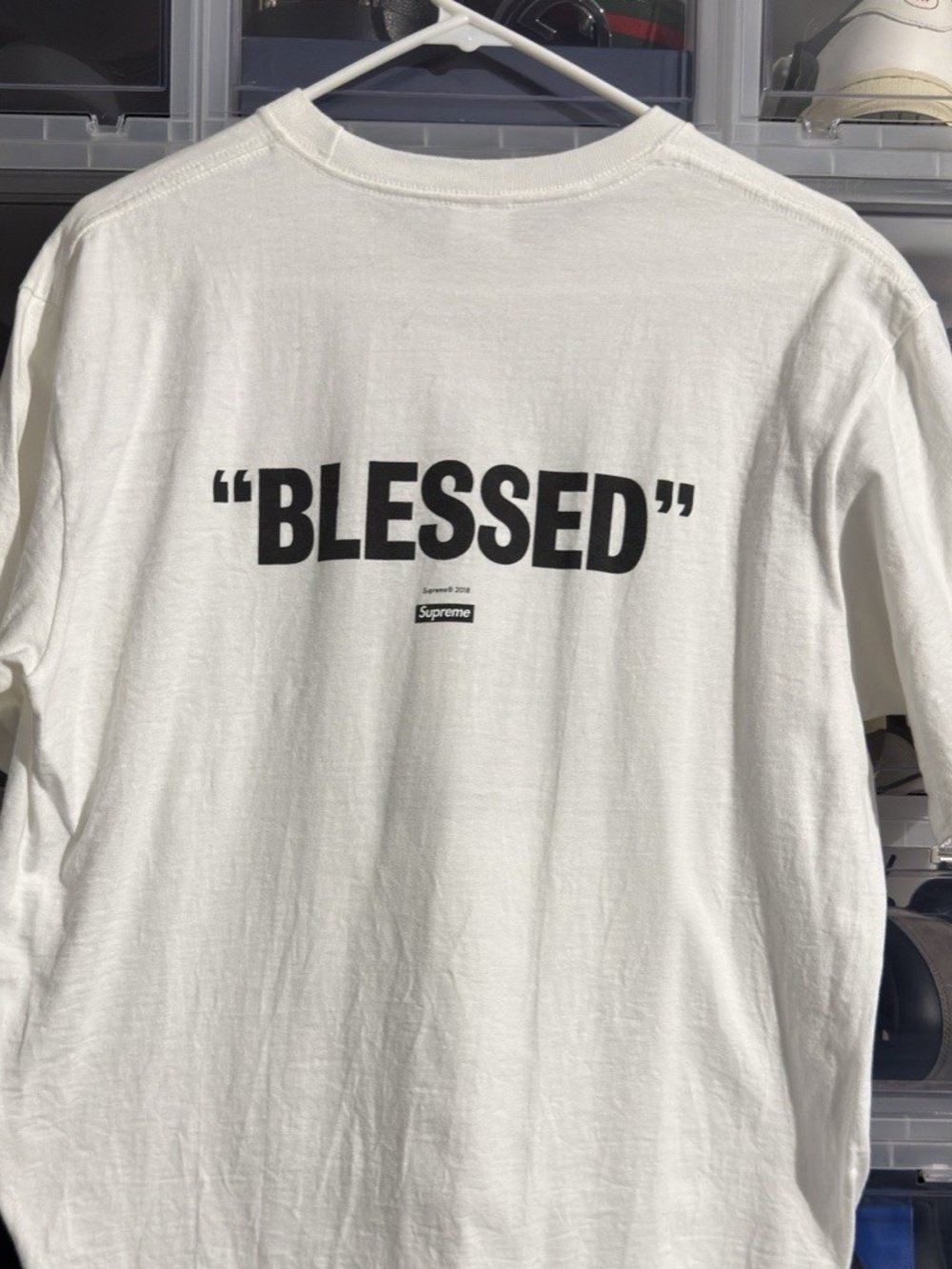 Supreme Men’s White Blessed Graphic Logo Crew Neck Short Sleeve T-Shirt Size M